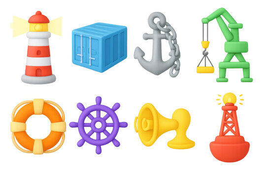Colorful nautical elements in 3d design: lighthouse, anchor, ship wheel, and more