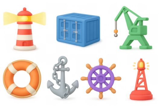 Colorful nautical symbols collection: lighthouse, anchor, ship wheel, and crane