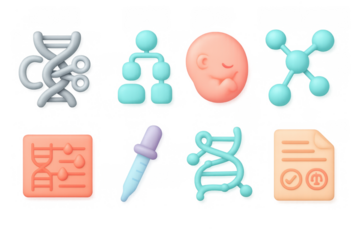 3d biotech science icons: dna, genetics, molecule, laboratory tools and analysis