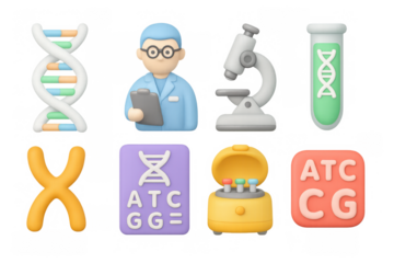 3d genetic science icons featuring dna, microscope, and test tube in pastel colors