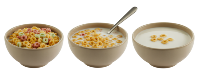 Crisp, colorful cereal rings transform into a delicious breakfast with creamy milk, perfect for a healthy and energetic start to any day, capturing morning joy and simple pleasure.