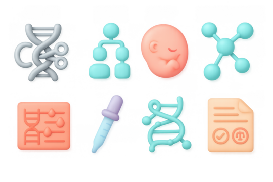 3d biotech science icons: dna, genetics, molecule, laboratory tools and analysis