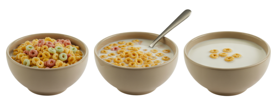 Crisp, colorful cereal rings transform into a delicious breakfast with creamy milk, perfect for a healthy and energetic start to any day, capturing morning joy and simple pleasure.