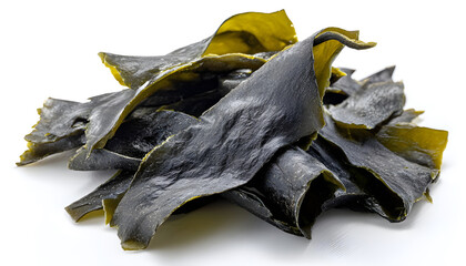 Fototapeta premium Dried Kombu Seaweed, Japanese Dry Kelp Isolated on White Background, Top View. Traditional Japanese Cuisine Ingredient and Health Food.