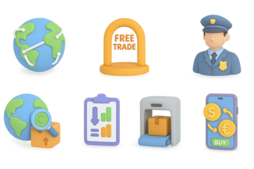 3d icons of global trade and security featuring earth, free trade, officer, a…