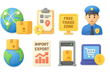 Logistics and trade 3d icons featuring global shipping and e-commerce themes