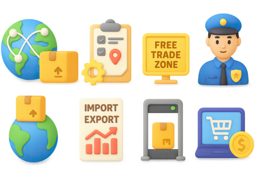 Logistics and trade 3d icons featuring global shipping and e-commerce themes