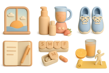Pastel 3d objects for morning routine and wellness activities
