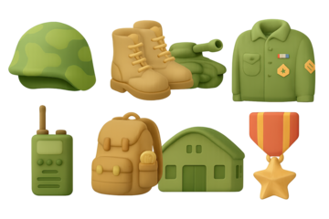 Military gear and symbols in soft 3d design with gradient background