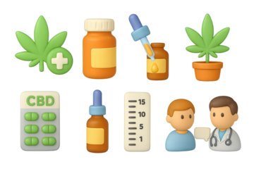 3d medical cannabis icons: cbd oil, cannabidiol plant, doctor consultation