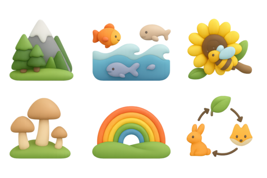 Whimsical 3d nature icons: animals, trees, rainbows, and more in a pastel palette
