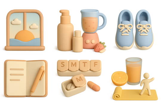 Pastel 3d objects for morning routine and wellness activities