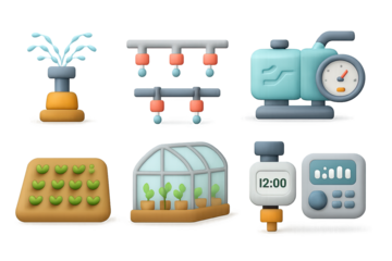 Futuristic farming elements: smart irrigation, greenhouse, and automation icons
