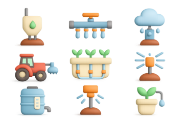 Glow-effect icons for sustainable farming and irrigation practices