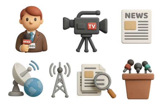 3d news media elements: reporter, tv camera, news, satellite, microphones