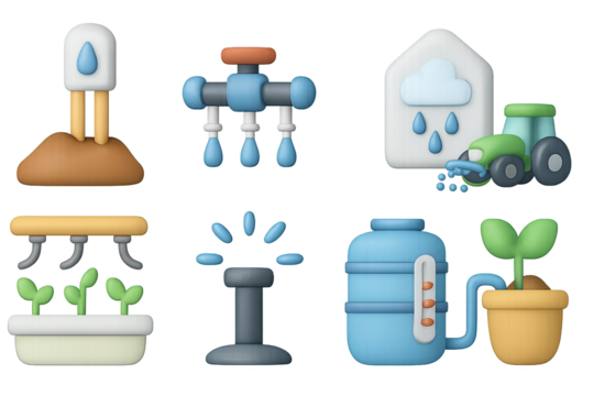 Sustainable agriculture and watering system 3d icons for modern farming