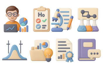 Colorful 3d icons of scientific research and data analysis with gradient effect