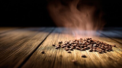 Freshly roasted coffee beans on wood with aromatic steam in warm directional light.