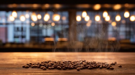 Freshly roasted coffee beans on wood with aromatic steam in warm directional light.