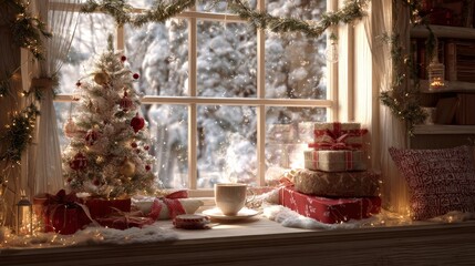 Cozy winter window scene with christmas tree and gift boxes