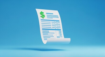 Digital invoice document with dollar sign floating in blue background