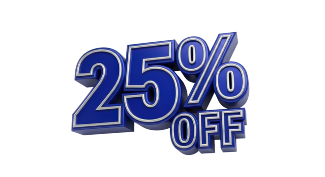 Twenty-five percent off in blue 3D lettering isolated PNG with Transparent Background