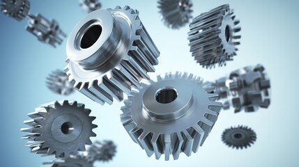 Abstract metal gears floating on a gradient blue background, symbolizing business innovation and technology.