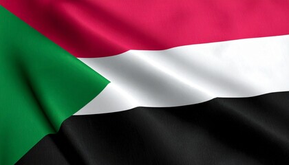 Fototapeta premium Sudan flag with red, white, black stripes and green triangle—bold geometry and symbolic colors evoke struggle, peace, identity, and cultural pride in dignified national composition.