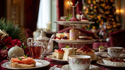 Elegant afternoon tea gathering with festive decorations in luxurious setting