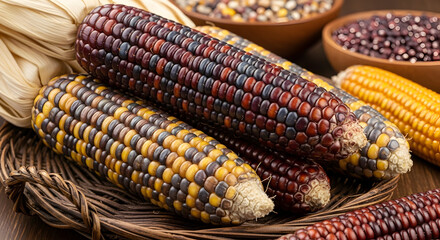 Vibrant Dried Corn Cobs: Colorful Indian Corn Displayed in a Rustic Basket with Grains, Perfect for Autumn Harvest Decor