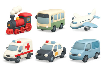 Cute clay transportation models: train, bus, plane, ambulance, police car, an…