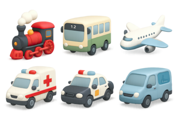 Cute clay transportation models: train, bus, plane, ambulance, police car, an…