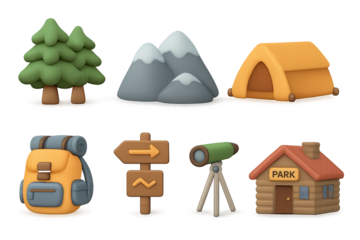 Outdoor adventure symbols: camping, hiking, and nature equipment in soft 3d style
