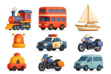 Colorful 3d transport icons featuring train, bus, boat, and more