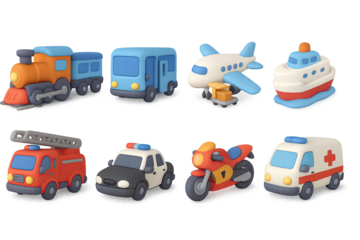 Colorful transportation icons set with trendy clay style for creative projects