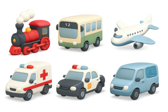 Cute clay transportation models: train, bus, plane, ambulance, police car, an…