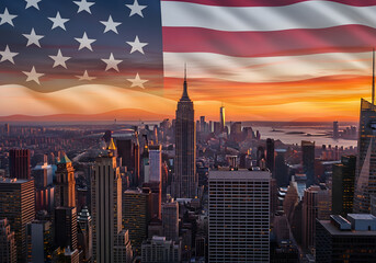 American Flag Overlay on City Skyline at Sunset