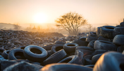Pile of used car tyres at waste disposal site. Climate impact of automotive industry