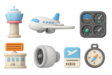 Playful aviation icons: airplane, airport, cockpit controls, compass, and mor…