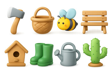 Fototapeta premium Cute 3d spring garden icons featuring tools, plants, and animals