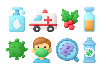 3d medical icons: virus, health care, hospital, mask, sanitizer, ambulance
