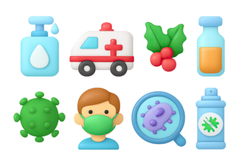 3d medical icons: virus, health care, hospital, mask, sanitizer, ambulance