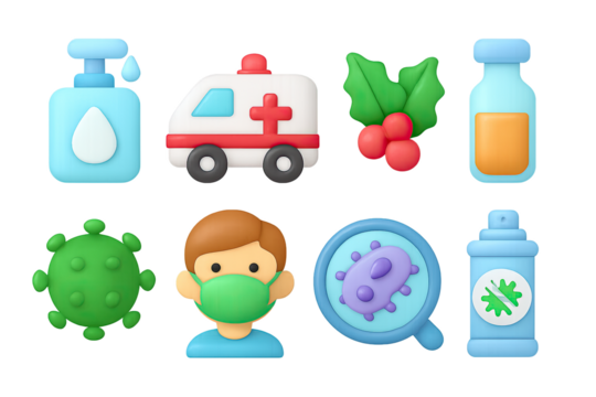 3d medical icons: virus, health care, hospital, mask, sanitizer, ambulance