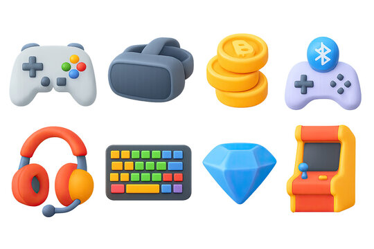 Vibrant 3d gaming icons featuring consoles, vr headset, coins, and arcade machine