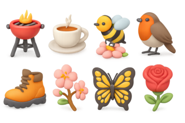 Charming clay style icons: nature, food, and wildlife delight