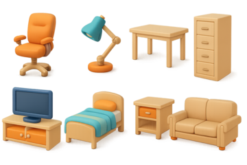 Modern 3d furniture set with office and home essentials in warm tones
