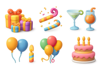 Vibrant celebration icons with gifts, balloons, drinks, and cake