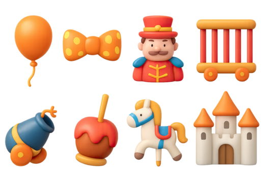 Playful circus theme with 3d cartoon elements including clown, balloon, and castle