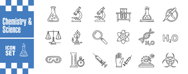 Chemistry and science icon set vector illustration collection of laboratory equipment icons, including beakers, microscopes, and other scientific tools