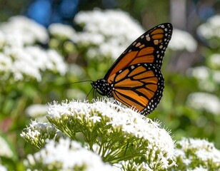 Obraz premium Monarch butterfly on a cluster of white flowers